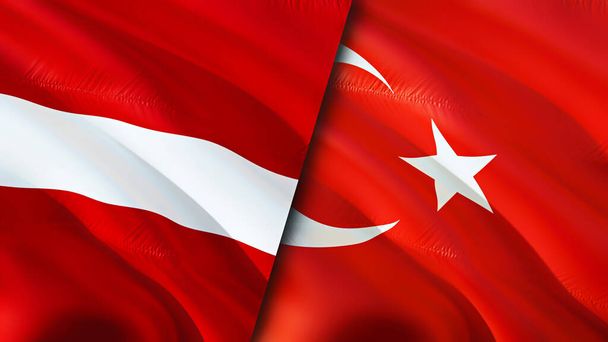 Флаги Латвии и Турции. 3D Wawing дизайн флага. Латвия Флаг Турции, фото, обои. Латвия против Турции, 3D рендеринг. Латвия Турецкий союз и торговля, путешествия, туристическая концепция - Фото, изображение