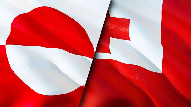 Greenland and Tonga flags. 3D Waving flag design. Greenland Tonga flag, picture, wallpaper. Greenland vs Tonga image,3D rendering. Greenland Tonga relations alliance and Trade,travel,tourism concep - Photo, image