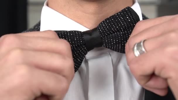 A male gentleman in a classic suit straightens his bow tie - Footage, Video