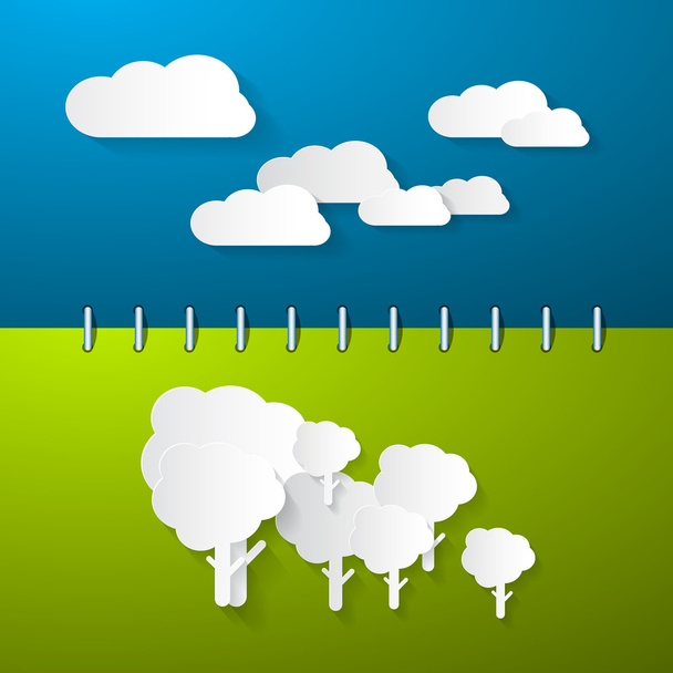 papír felhők és a fák, a kék - zöld notebook háttér  - Vektor, kép