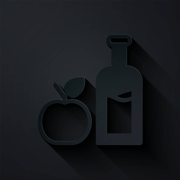 Papiergeschnittenes Apfelweinflaschen-Symbol isoliert auf schwarzem Hintergrund. Trinkglasflasche vorhanden. Papierkunst. Vektor. - Vektor, Bild