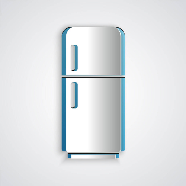 Icono del refrigerador cortado en papel aislado sobre fondo gris. Refrigerador congelador refrigerador. Tecnología y electrodomésticos. Estilo de arte de papel. Vector. - Vector, imagen