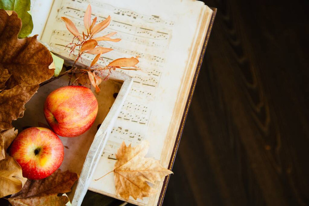 A vörös alma és az őszi levelek egy nyitott, régi zenekönyvön nyugszanak. Szabad hely a szövegnek. Az őszi téma háttere. - Fotó, kép