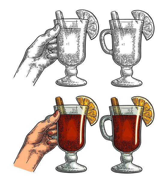 Female hand holding a glass of mulled wine with cinnamon stick and orange slice. Vintage color vector engraving illustration isolated on white. Hand drawn design element for invitation to party - Vettoriali, immagini