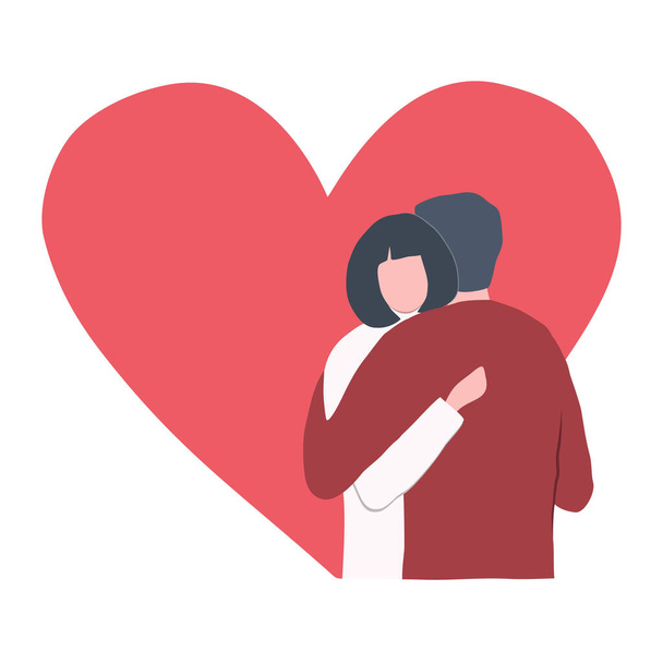 Sevgililer Günü illüstrasyonu. Sevgi dolu bir çift sarılması. Kırmızı kalpli bir adam ve bir kadın. Romantik tebrik kartı. İnsanların simgesi. Vektör - Vektör, Görsel