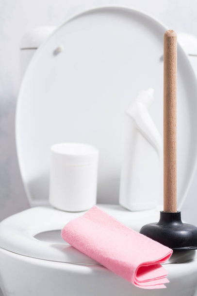 Różne rzeczy do czyszczenia toalety i łazienki na muszli klozetowej. - Zdjęcie, obraz