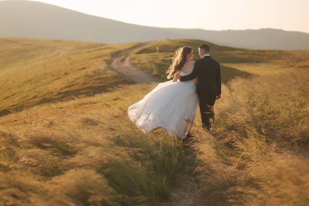Vissza kilátás vonzó menyasszony és elegáns vőlegény élvezi a romantikus pillanatokat a hegyekben naplementekor gyönyörű nyári napon. Esküvői pár a mezőn - Fotó, kép