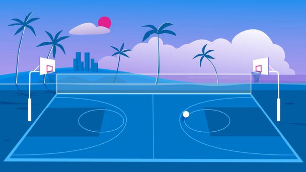 Basketball court, city street outdoor playground with hoops for ball, cartoon cityscape - Vector, afbeelding