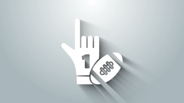 Witte nummer 1 een waaier handschoen met opgeheven vinger en amerikaanse voetbal bal pictogram geïsoleerd op grijze achtergrond. Serie sportuitrusting. 4K Video motion grafische animatie - Video