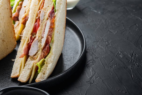 Club sandwich panini with ham, fresh tomato, cheese, on black background with copy space for text - Photo, Image