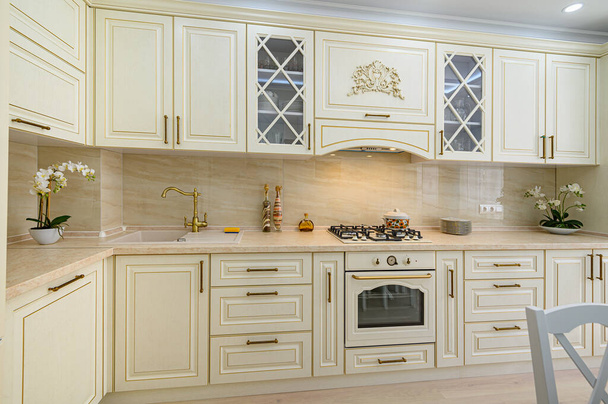 Beige furniture at kitchen in provence style, front view - Photo, Image