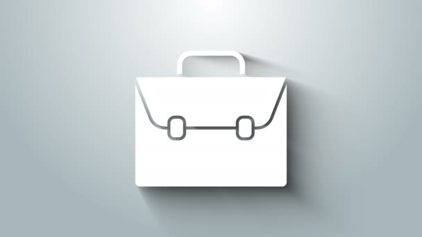 Biała ikona walizki odizolowana na szarym tle. Podpis sprawy biznesowej. Portfel biznesowy. 4K Animacja graficzna ruchu wideo - Materiał filmowy, wideo