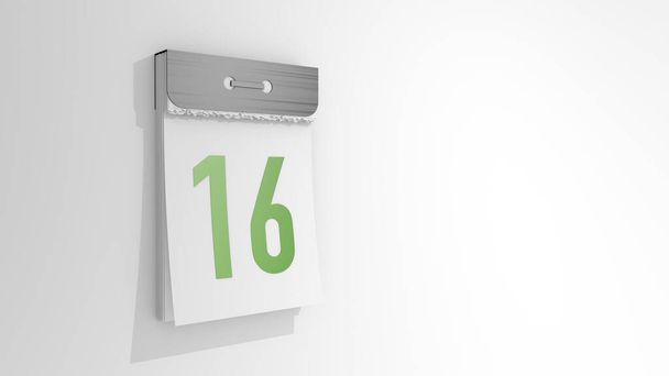 Abreißkalender mit der Nummer 16. Stilvolle 3D-Darstellung des 16. Datums. 3D-Illustration über weißem Hintergrund Tag sechzehn. - Foto, Bild