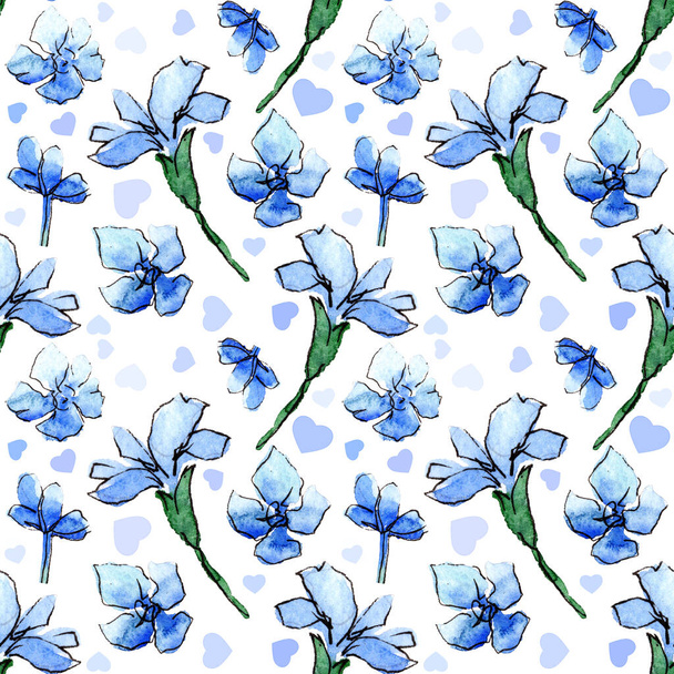 青い花のドア、白い背景を持つシームレスな背景。織物、壁紙、紙を作成するための豪華なパターン。ヴィンテージ。ロマンチックな花のイラスト - 写真・画像