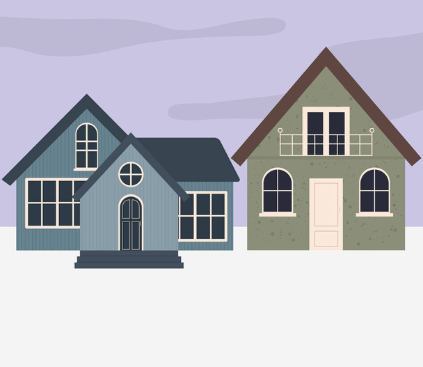 blaue und grüne klassische Häuser, farbenfrohes Design - Vektor, Bild
