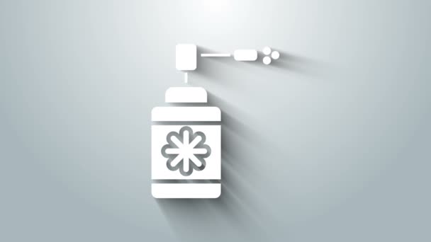 Witte medische fles met sproeier spray voor de behandeling van ziekten van de neus en keel pictogram geïsoleerd op grijze achtergrond. 4K Video motion grafische animatie - Video
