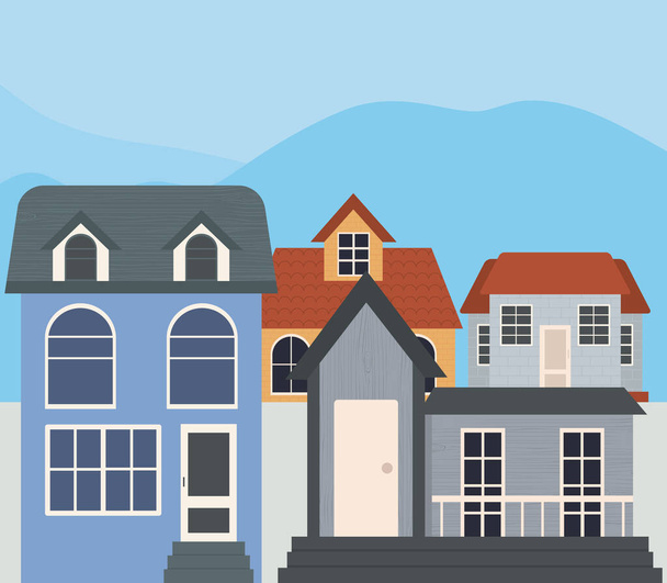 case suburbane disegno su sfondo blu - Vettoriali, immagini