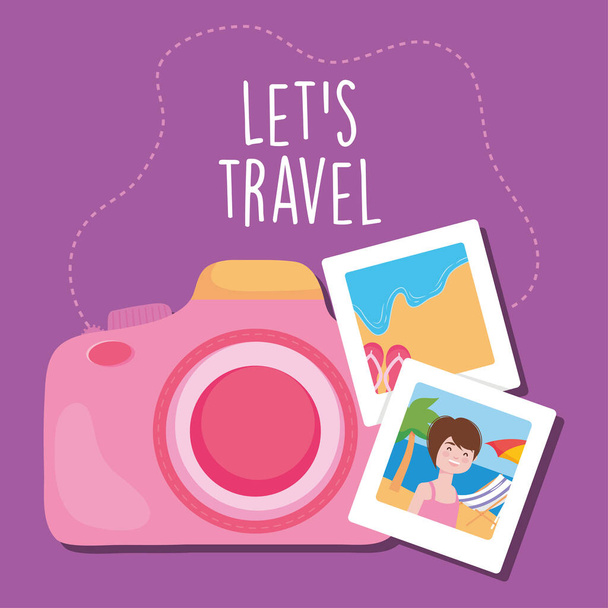 lets travel design with pink camera and vacation photos, colorful design - Vector, Image