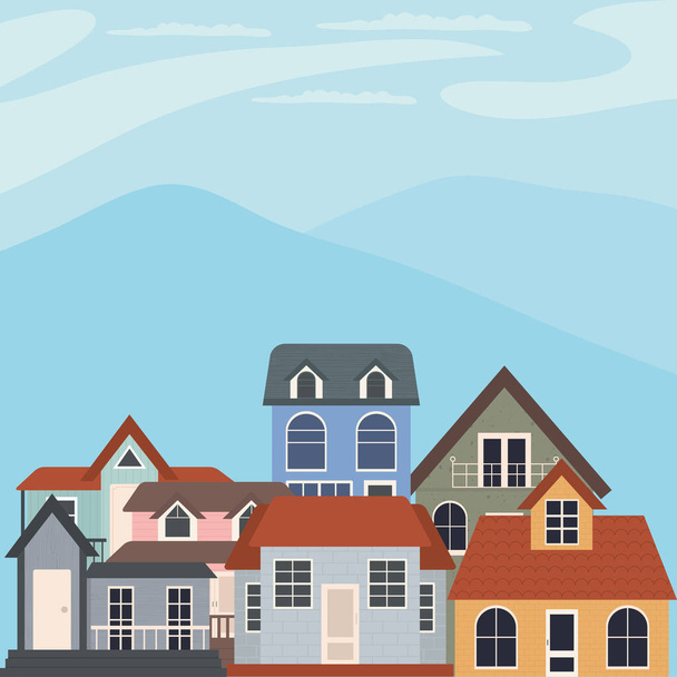 klassische Häuser Design über blauem Himmel Hintergrund - Vektor, Bild