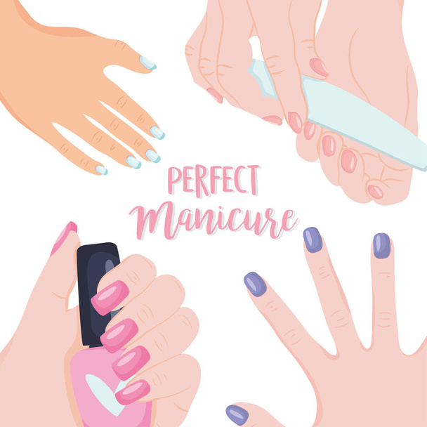 perfekte Maniküre mit Händen mit niedlichen Nägeln, buntes Design - Vektor, Bild