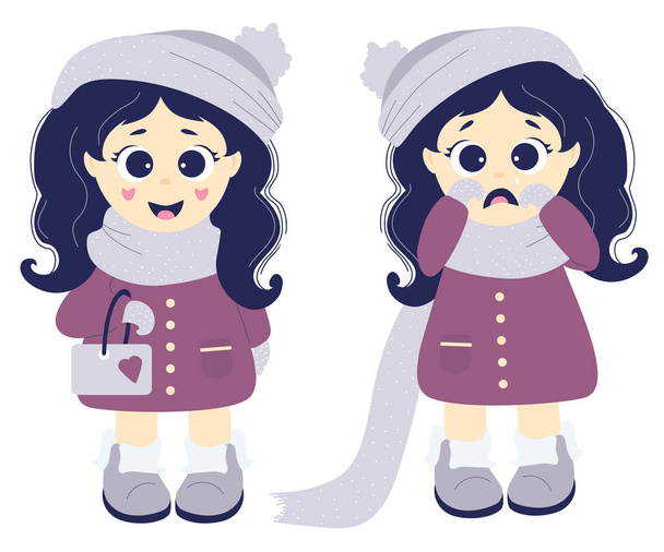 Emozioni. Due ragazze - pianto allegro e triste. I bambini piccoli in vestiti invernali - un cappello, una sciarpa, un soprabito e stivali su uno sfondo bianco. fotografia. Collezione per bambini - Foto, immagini