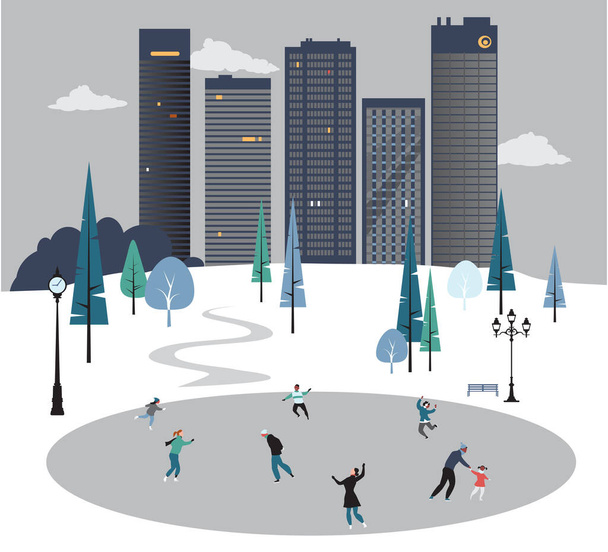 Люди катаются на коньках в городском парке в пасмурный зимний день, векторная иллюстрация EPS 8 - Вектор,изображение