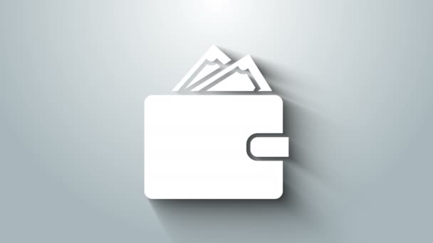 Portefeuille blanc avec piles icône de trésorerie de papier-monnaie isolé sur fond gris. Icône de sac. Symbole d'épargne. Animation graphique de mouvement vidéo 4K - Séquence, vidéo