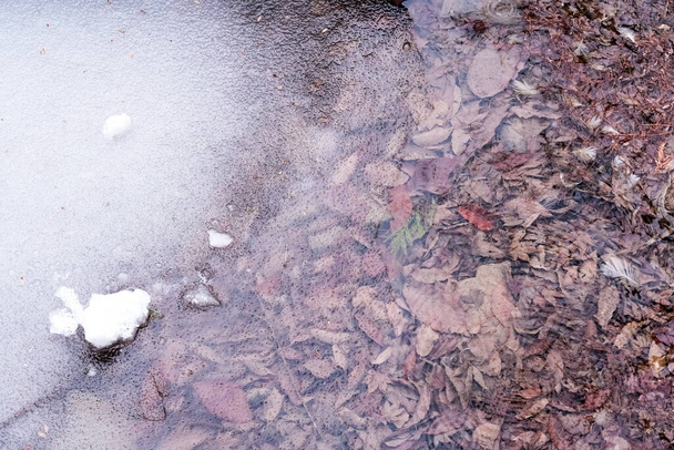 Dünne Eisdecke über der Wasseroberfläche durch die kalte Luft. - Foto, Bild