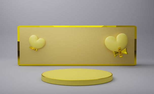 Подіум порожній з жовтими формами серця в сірій композиції для сучасного сценічного дисплея та мінімалістичного макету, денного фону валентину, концепції 3d ілюстрації або 3d рендерингу
 - Фото, зображення