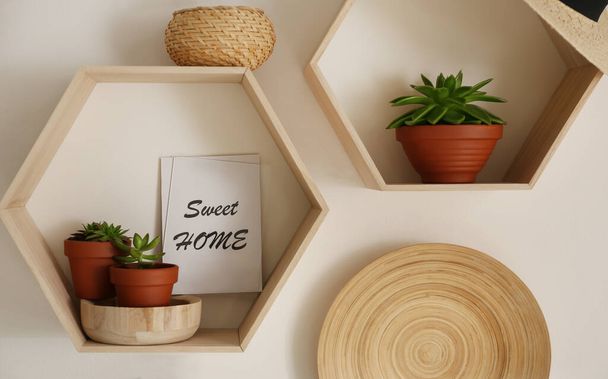 Hexagon wooden shelves with beautiful plants and decorative elements on light wall - 写真・画像