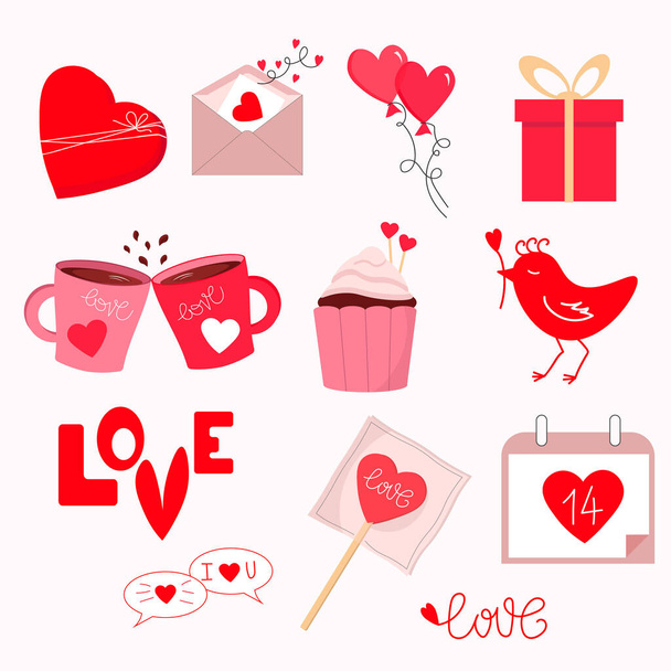 Krabice s dárky, nápisy, košíčky a cukrovinkami, červená srdce. Nastavit na Valentýna - Vektor, obrázek