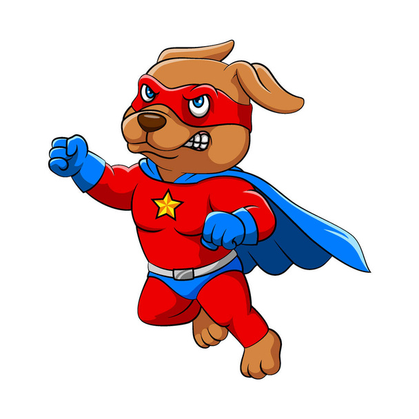 Η απεικόνιση του μεγάλου σκύλου με το κόκκινο κοστούμι και μπλε μανδύα ποζάρει με τη στάση μύγα - Διάνυσμα, εικόνα