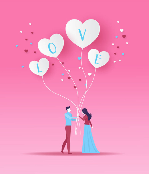 Uomo e donna in data con palloncini bianchi a forma di cuore illustratore vettoriale di design giorno San Valentino . - Vettoriali, immagini