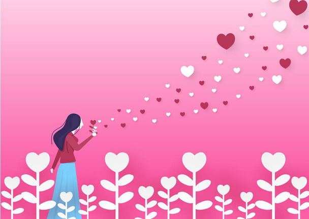 Szerelem koncepció, Valentin nap rózsaszín háttér. Tapéta. Boldog Valentin-napot kártya szívvel papír vágott szívek és felhők romantikus Valentin-nap design - Vektor, kép
