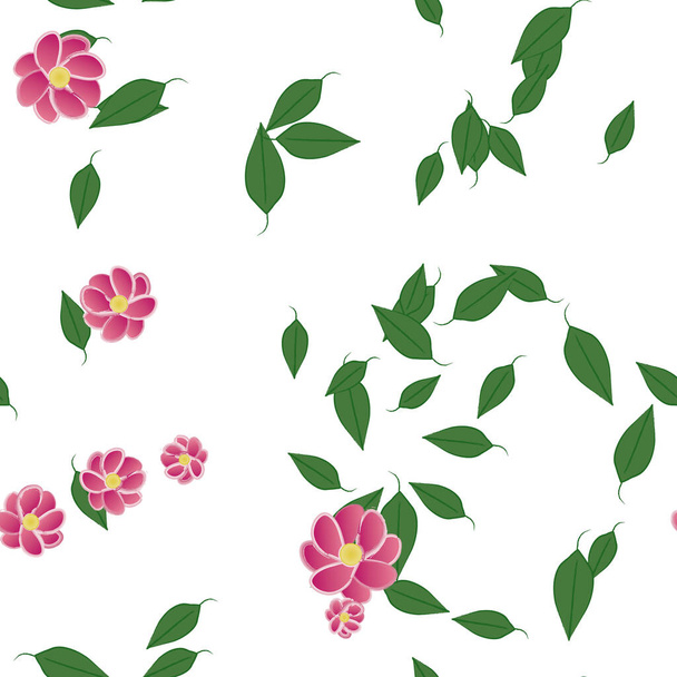 seamless pattern  with simple colorful flowers and green leaves for wallpaper, vector illustration - Vector, imagen