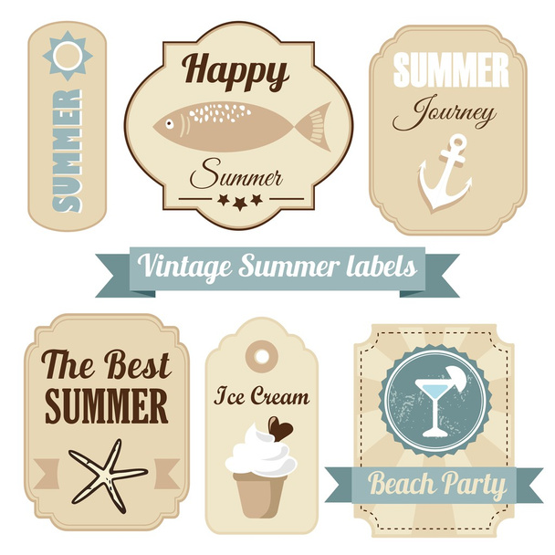 Cute retro set of summer vacation labels with anchor, drink, ice cream, ribbons and other elements, vector illustration - Vetor, Imagem