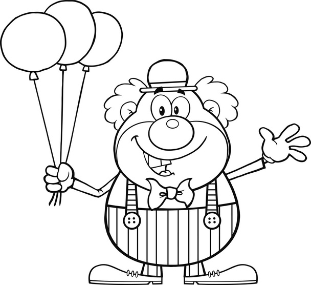 schwarz-weiß lustige Clown-Cartoon-Figur mit Luftballons und winken - Foto, Bild