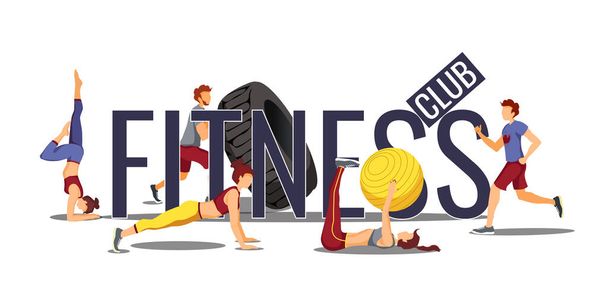 Fitness, Sport center, Healthy lifestyle, Workout concept. People training around the big word "Fitness". Isolated vector illustration for poster, banner, card, placard, flyer. - Vector, Image