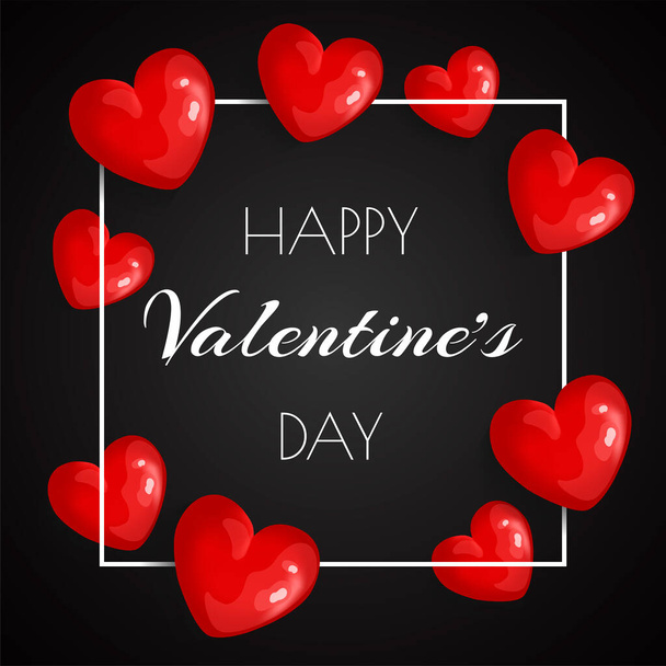 Simple card design for Happy Valentine's Day. Red hearts and white text on the black background. Square vector illustration for card, postcard, banner, social networks. - Vektor, obrázek