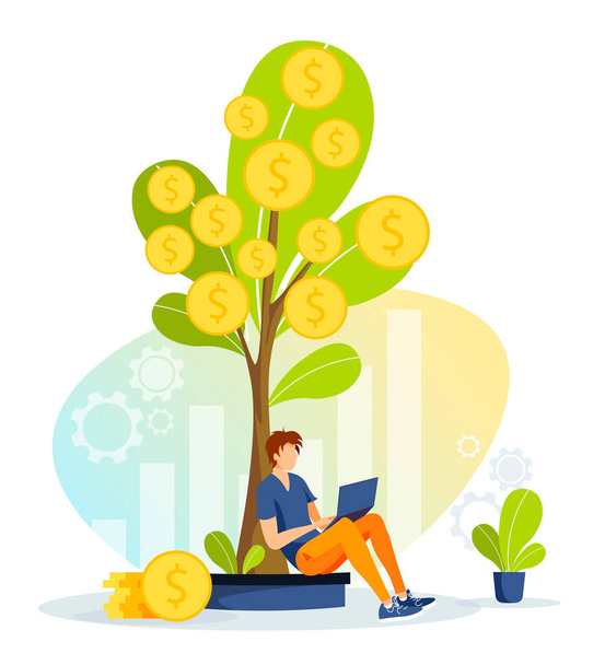 Growing tree with coins and man working with laptop. Profit, income and financial money making investment success concept. Isolated vector illustration for banner, poster, advertising. - Vector, Image