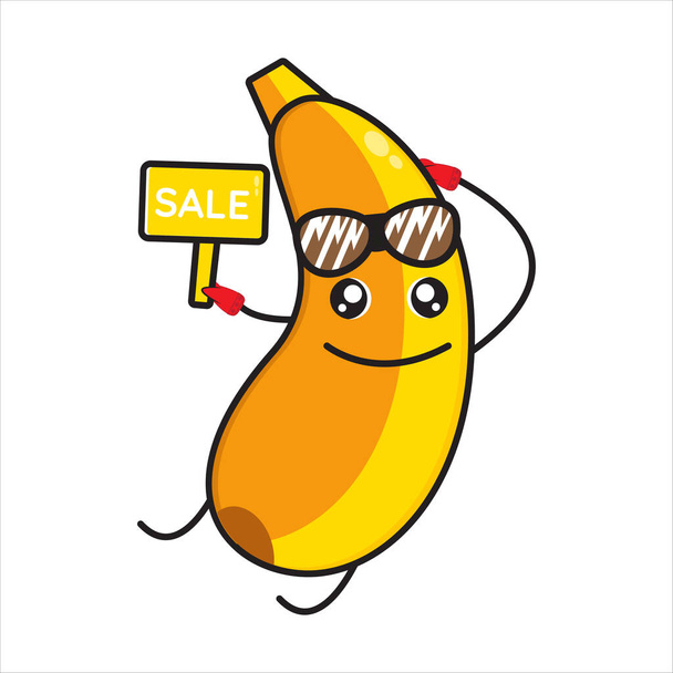 απεικόνιση ενός χαριτωμένο μασκότ μπανάνα με μια πινακίδα πώλησης, μπανάνα φορώντας γυαλιά διάνυσμα με το σχεδιασμό eps 10 - Διάνυσμα, εικόνα