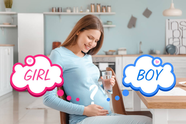 Giovane donna incinta pensando al sesso del suo bambino a casa - Foto, immagini