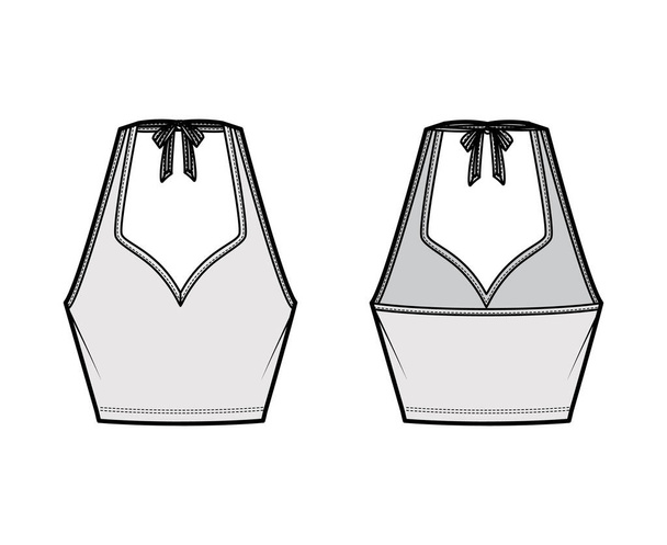 Tank halter sweetheart neck Crop top technical fashion illustration with bow, slim fit, waist length. Flat apparel - Wektor, obraz