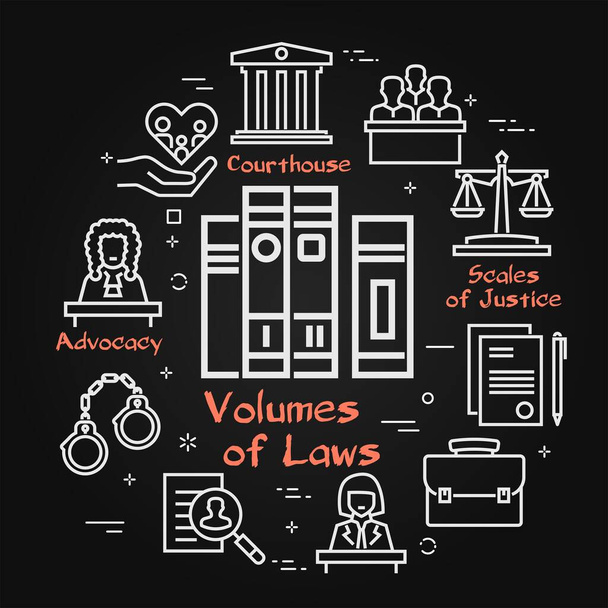 Bannière vectorielle en ligne noire des procédures judiciaires - icône des volumes de livres de droit - Vecteur, image