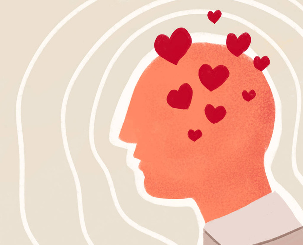 ilustración de un hombre abstracto, perfil con corazones en la cabeza. concepto de amor - Foto, imagen