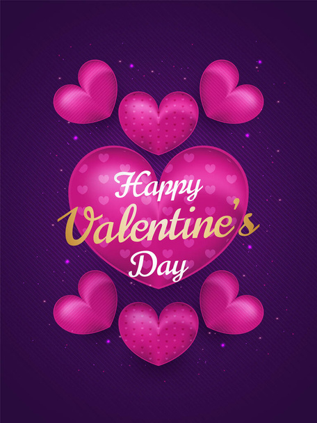 Valentine's day greeting card or poster with 3d pink hearts and glitter effect on dark background. Holiday gift card. Romantic background with 3d decorative objects. Vector illustration - Vetor, Imagem