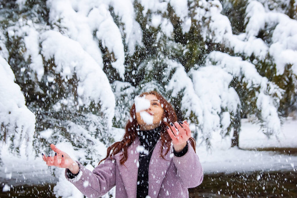 pretty girl in winter forest, young woman in winter park - Photo, Image