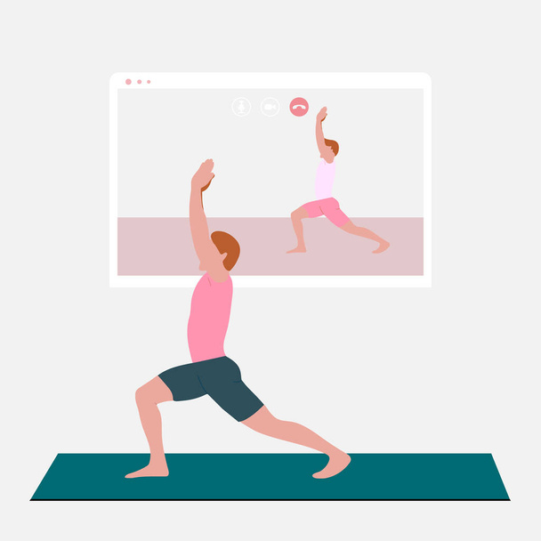 A young man standing in the warrior pose and watching online yoga practice on TV or projector. Stay home concept. Home activity during quarantine. Online courses, education. Eps 10. - Vector, Image