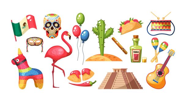 Mexican culture traditional symbols collection. Traditional: Mayan pyramid, musical instruments, guitar, maracas, cactus, food, taco and pinata, tequila, flamingo, games, flag, skull masks vector - Vecteur, image