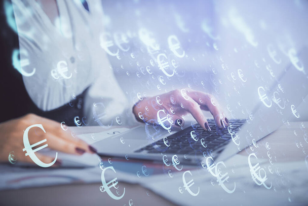 Double exposure of businesswoman hands typing on computer and forex graph hologram drawing. Financial analysis concept. - Foto, Imagen